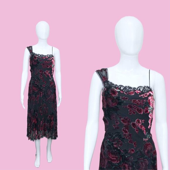 Y2K Vintage BETSEY JOHNSON NY New York Rare Burnout Velvet Floral Overlay Slip D